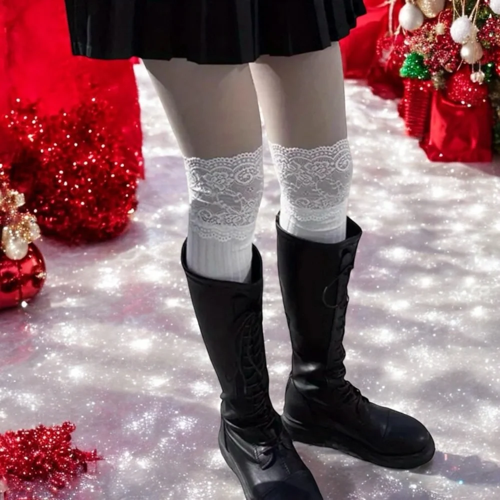 White Lace Top Thigh High Sock-Stockings Sweet JK‎ Style Slim Fit Over The Knee